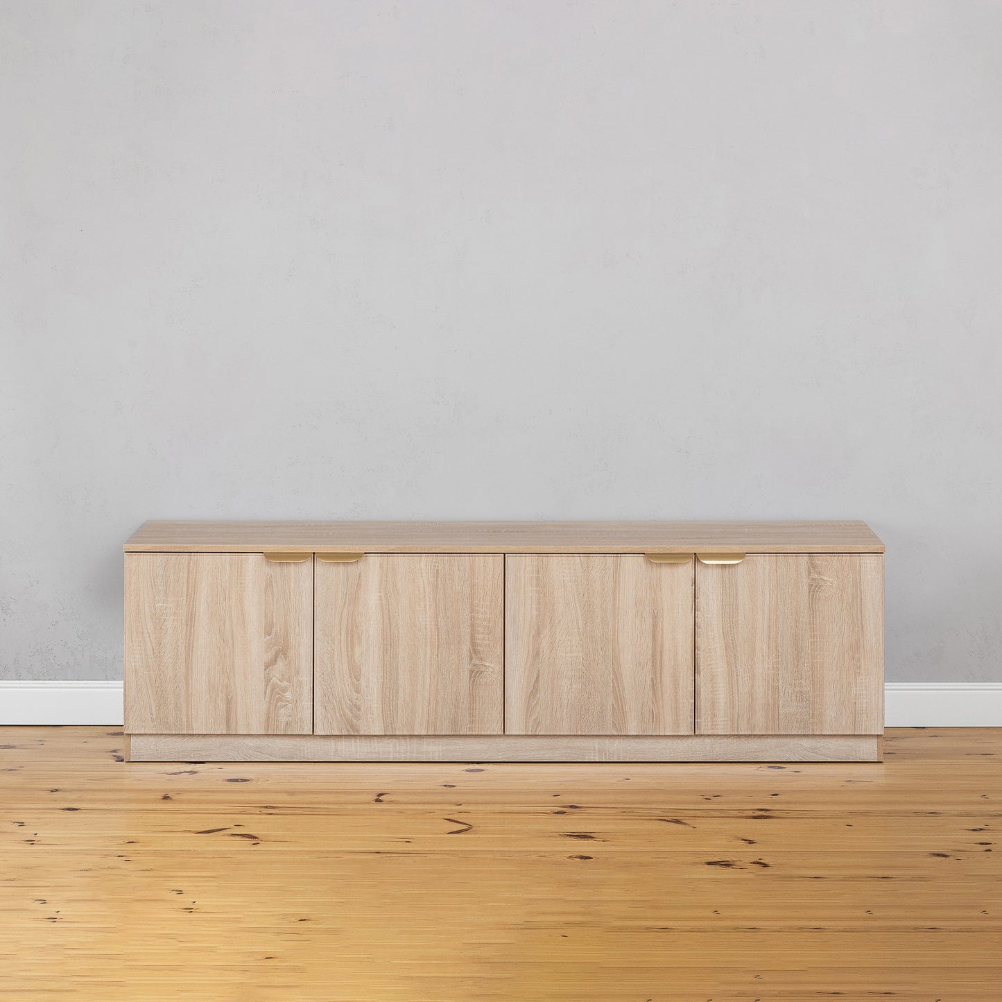 BUCHAREST TV UNIT - NATURAL OAK - SLIM & FLUTED - BRASS & BLACK PULLS