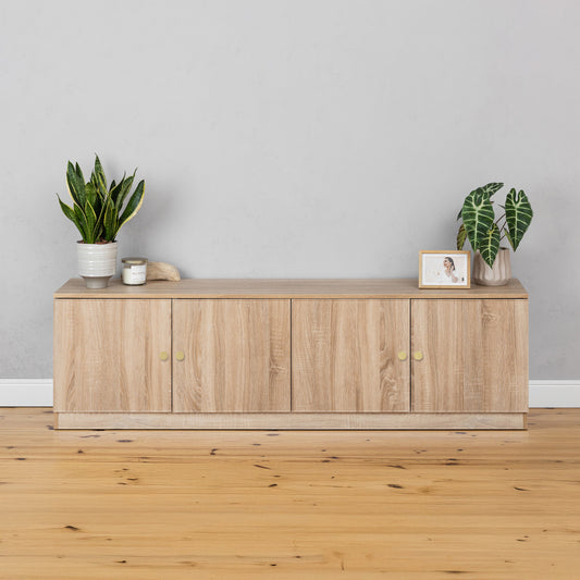 BUCHAREST TV UNIT - NATURAL OAK - SLIM & FLUTED - BRASS & BLACK PULLS