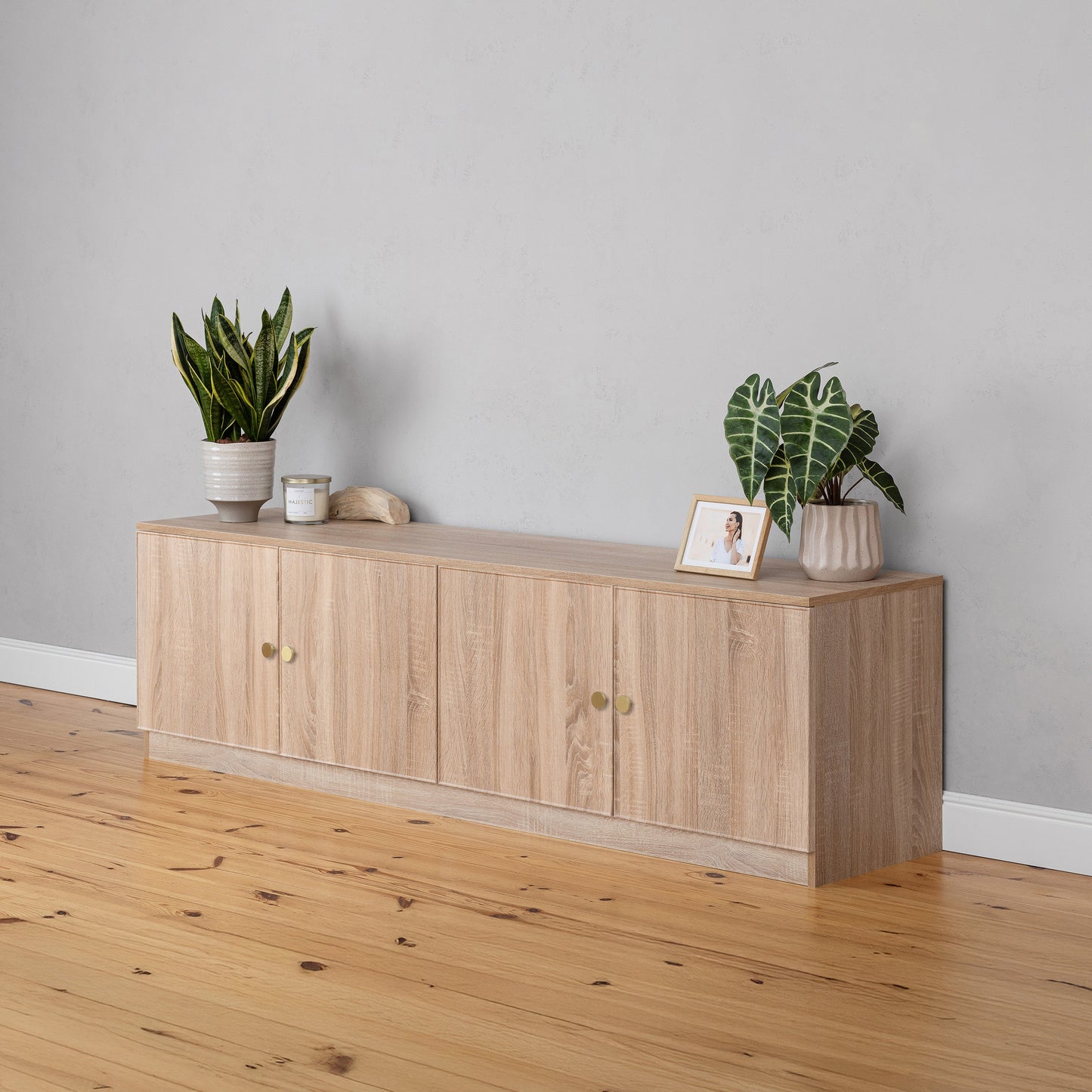 BUCHAREST TV UNIT - NATURAL OAK - SLIM & FLUTED - BRASS & BLACK PULLS