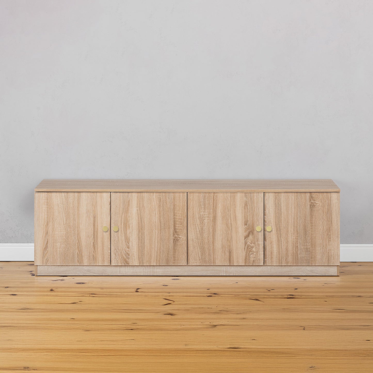 BUCHAREST TV UNIT - NATURAL OAK - SLIM & FLUTED - BRASS & BLACK PULLS