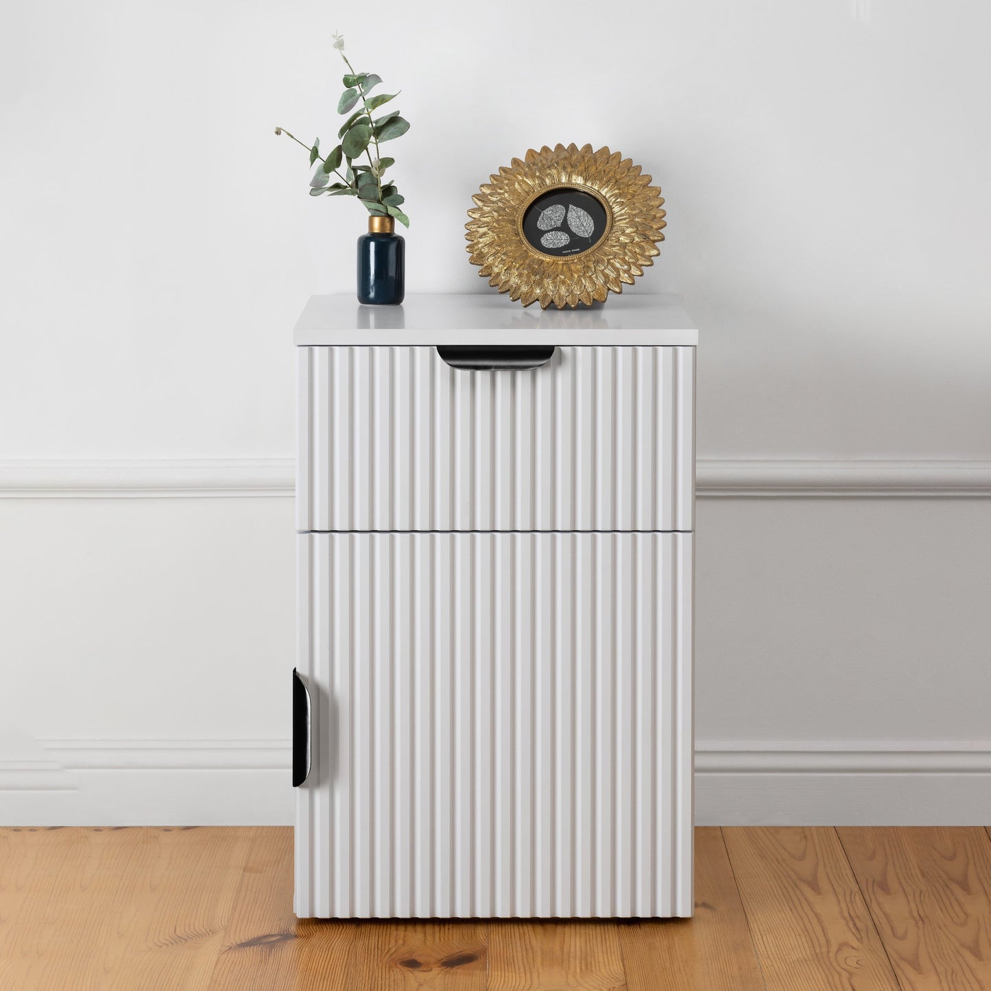 PORTO BEDSIDE TABLE - WHITE - HAMPTONS - OVAL & HALF MOON - FLUTED PULL