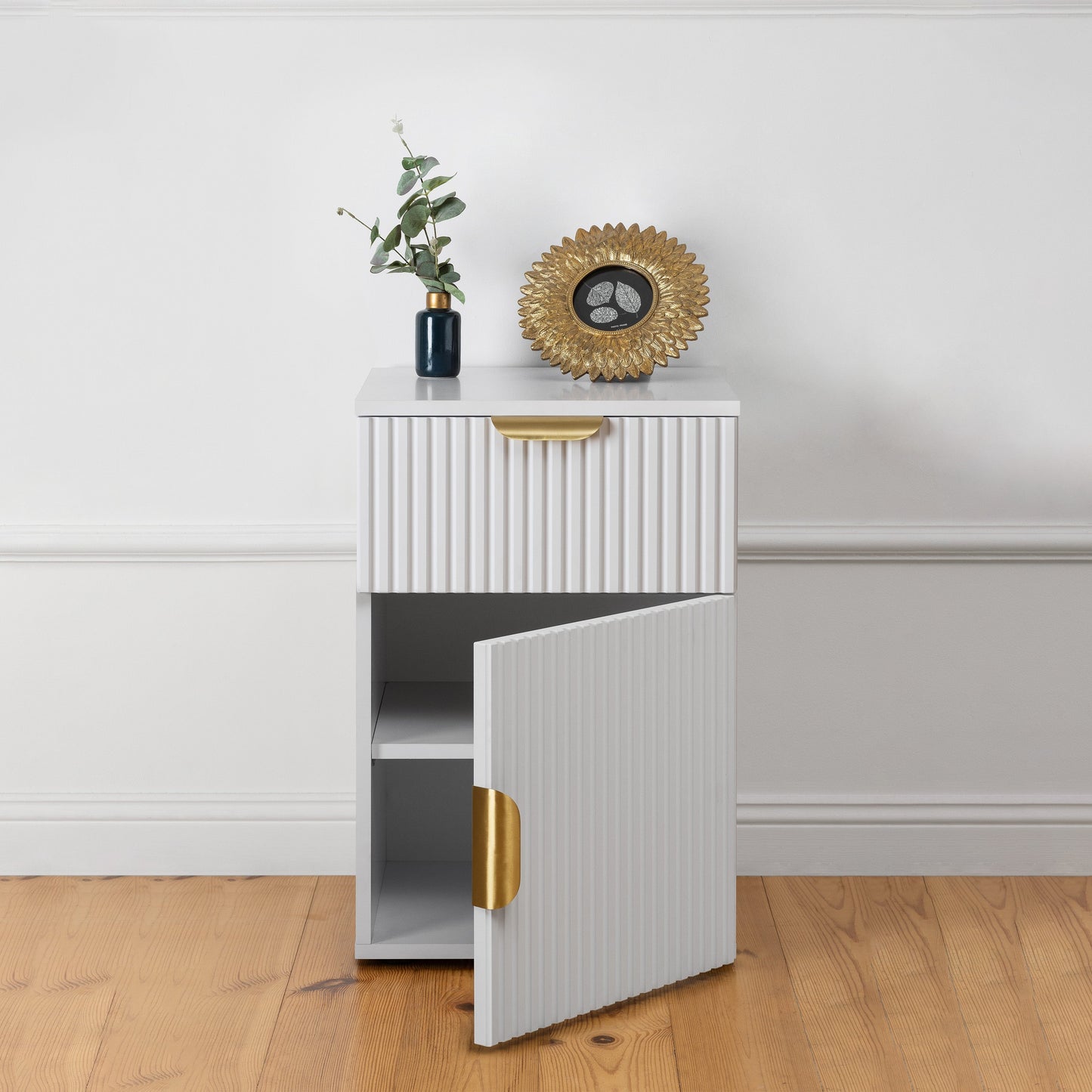 PORTO BEDSIDE TABLE - WHITE - HAMPTONS - OVAL & HALF MOON - FLUTED PULL