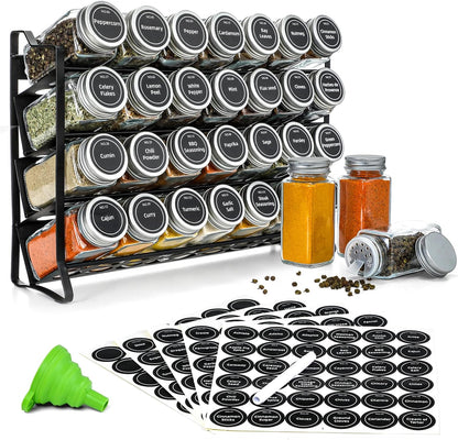 4-Tier Spice Rack Organizer with 28 Glass Jars, Labels, Funnel, and Marker for Kitchen Countertop