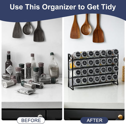 The Willow Stone Collective 4-tier spice rack organizer with 28 glass jars, labels, funnel, and marker on a kitchen countertop.