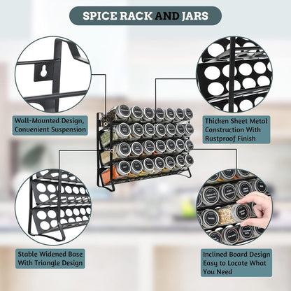 4-tier spice rack organizer by The Willow Stone Collective with 28 glass jars, labels, funnel, and marker for kitchen storage.