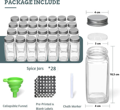 4-tier spice rack organizer by The Willow Stone Collective with 28 glass jars, labels, funnel, and marker for kitchen storage.