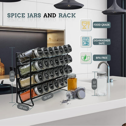 4-tier spice rack organizer by The Willow Stone Collective with 28 glass jars, labels, funnel, and marker for kitchen storage.
