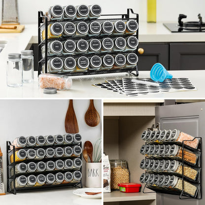 4-tier spice rack organizer from The Willow Stone Collective with 28 glass jars, labels, funnel, and marker for kitchen storage