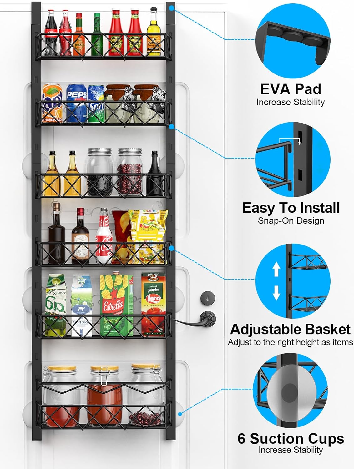6 Tier Adjustable Baskets Over Door Pantry Organizer for Home Kitchen