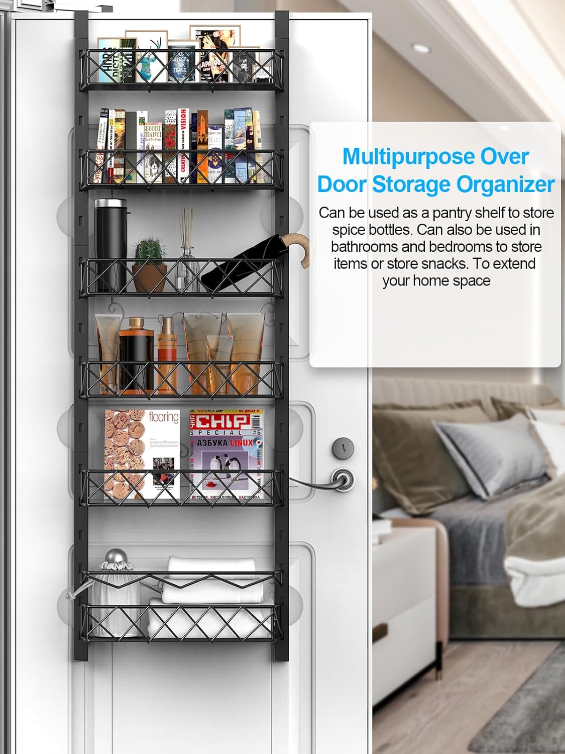 6 Tier Adjustable Baskets Over Door Pantry Organizer for Home Kitchen