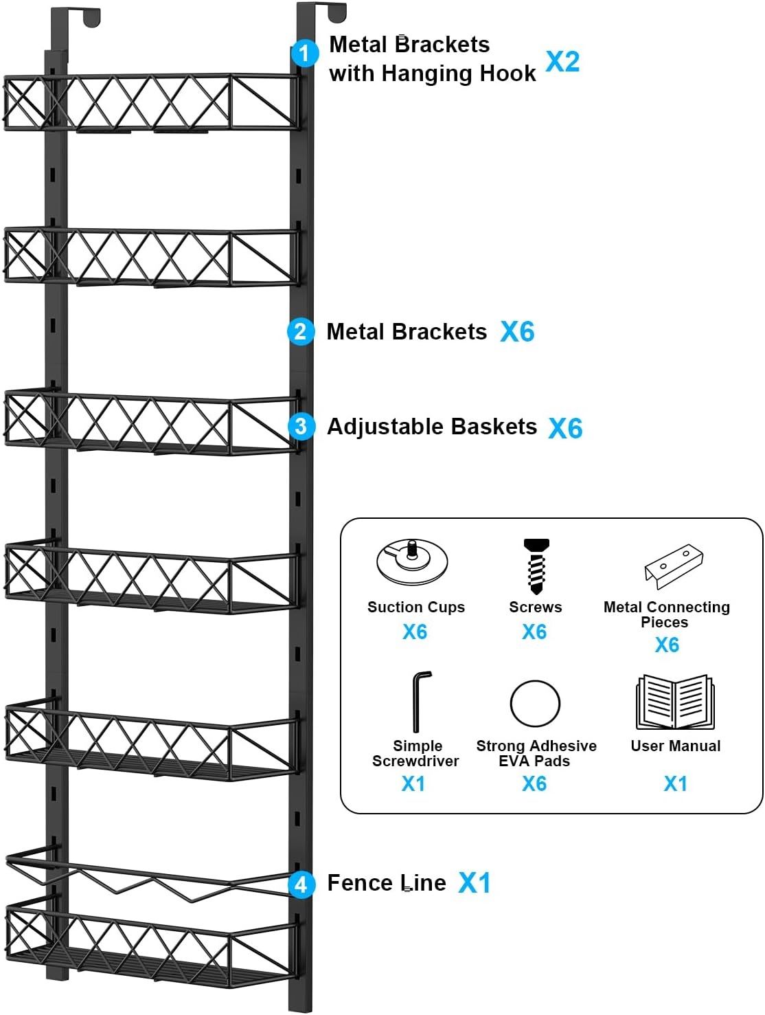 6 Tier Adjustable Baskets Over Door Pantry Organizer for Home Kitchen