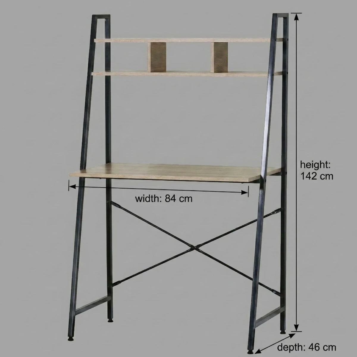 CARLA HOME Ladder Desk with Shelves - Steel Frame - Oak - 84cm - Brown - Study Desk
