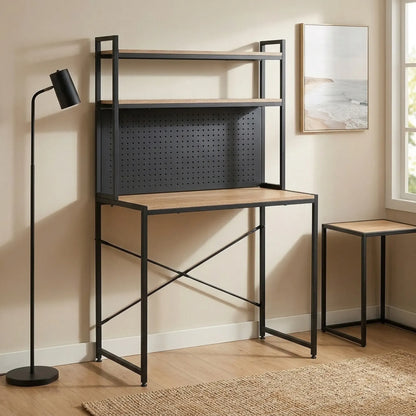 CARLA HOME Computer Desk with Hutch Shelves and Pegboard - Brown - Rustic - Steel
