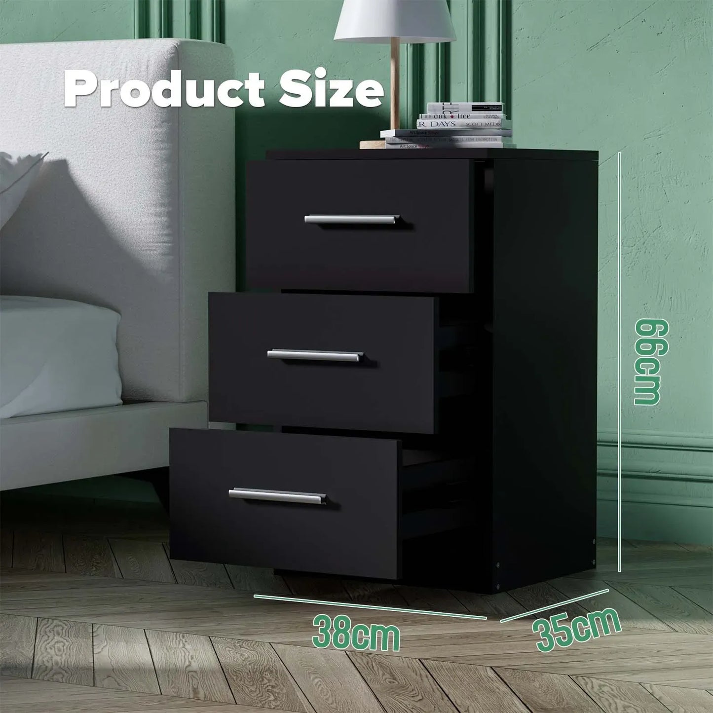 Black White Black Bedside Table with 3 Drawers, Modern Design, 38x35x66cm Storage Cabinet