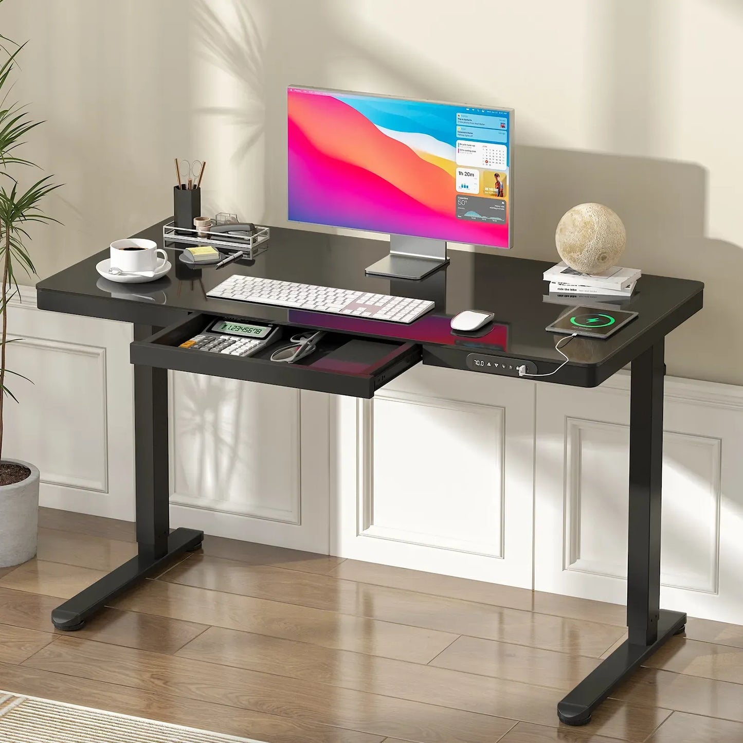 Electric Standing Desk with Drawer, One-Piece Glass Desktop, Black, 120x60cm