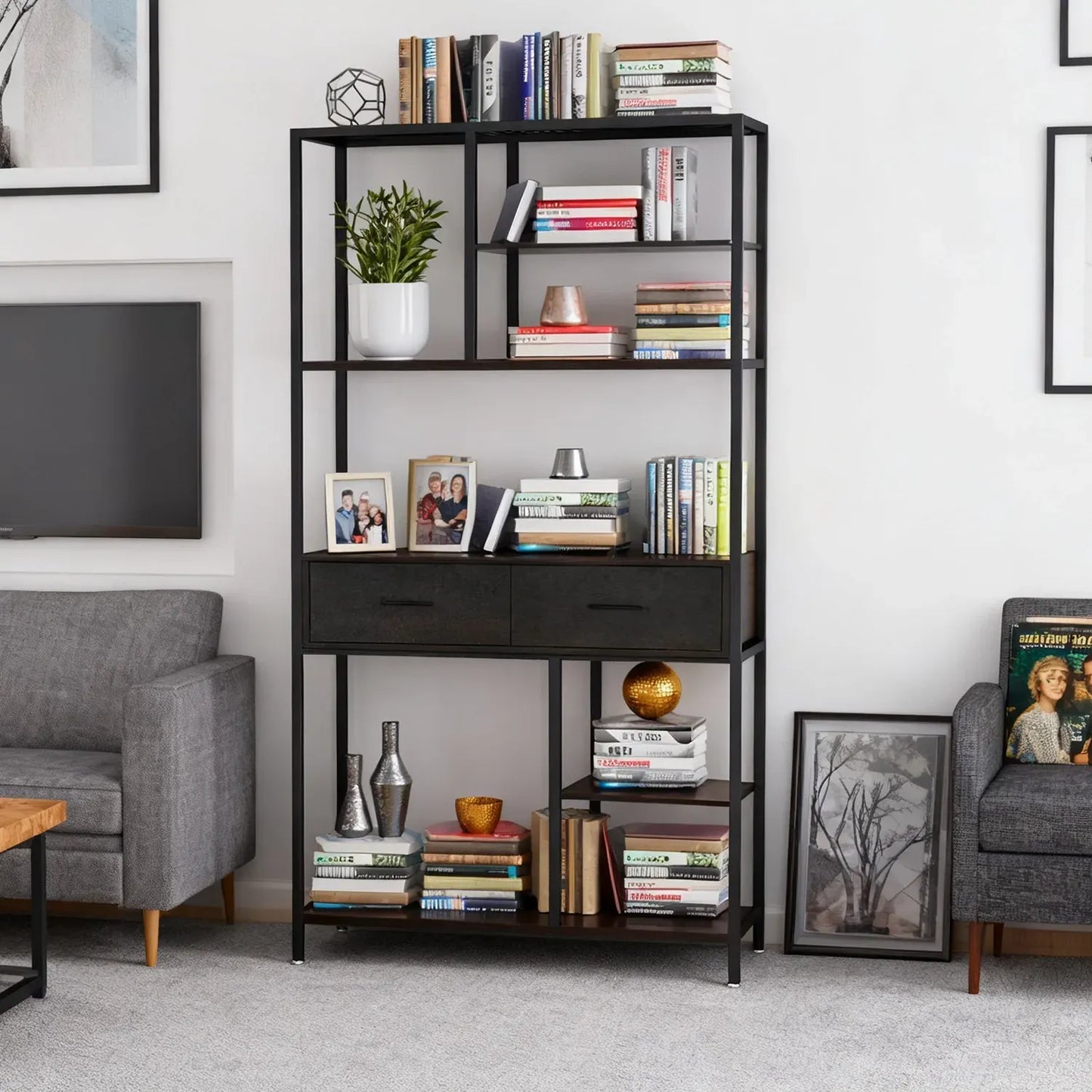 Metal Bookcase With Drawers, Dark Walnut & Black, 90x30x180cm, 6 Shelves