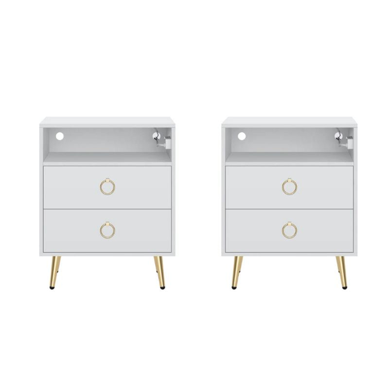 Amelia LED Bedside Table with USB and Power Socket – White, Set of 2
