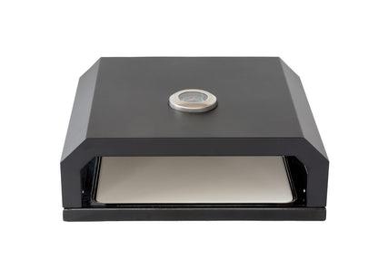 The Willow Stone Collective Pizza Oven Box with built-in thermometer and included pizza stone for outdoor cooking.