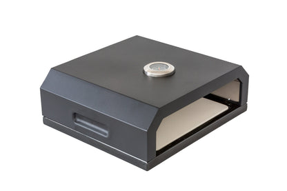 The Willow Stone Collective Pizza Oven Box with built-in thermometer and pizza stone for indoor pizza baking.