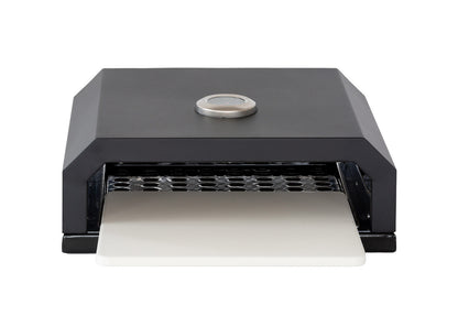 The Willow Stone Collective pizza oven box with built-in thermometer and included pizza stone for authentic outdoor pizza baking.
