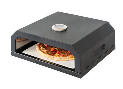The Willow Stone Collective pizza oven box with built-in thermometer and included pizza stone, designed for outdoor kitchen use.