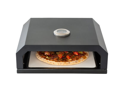 The Willow Stone Collective Pizza Oven Box with built-in thermometer and pizza stone for outdoor cooking and baking.