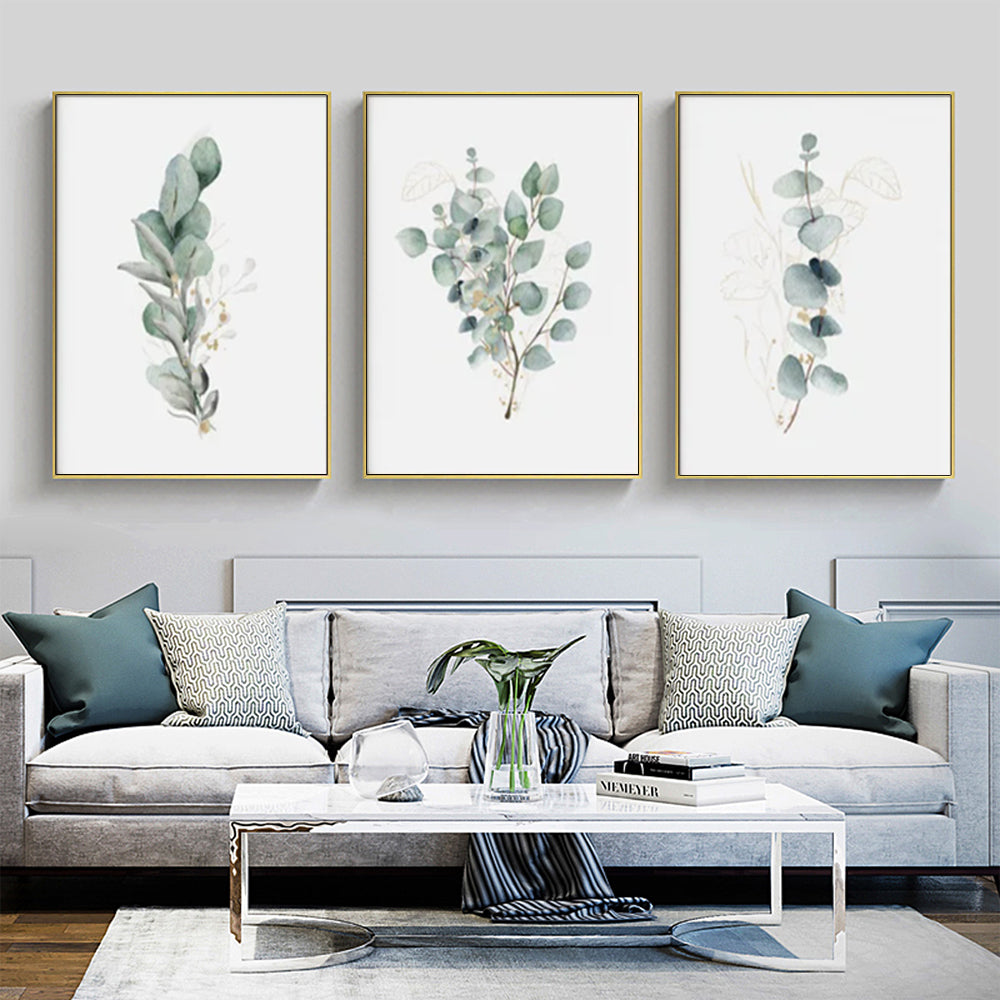 Wall Art Eucalyptus Plant 3 Sets Black and Gold Frame Canvas