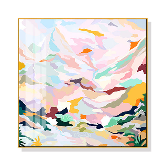 Wall Art Abstract Pink Mountain Hand Painted Style Gold Frame Canvas