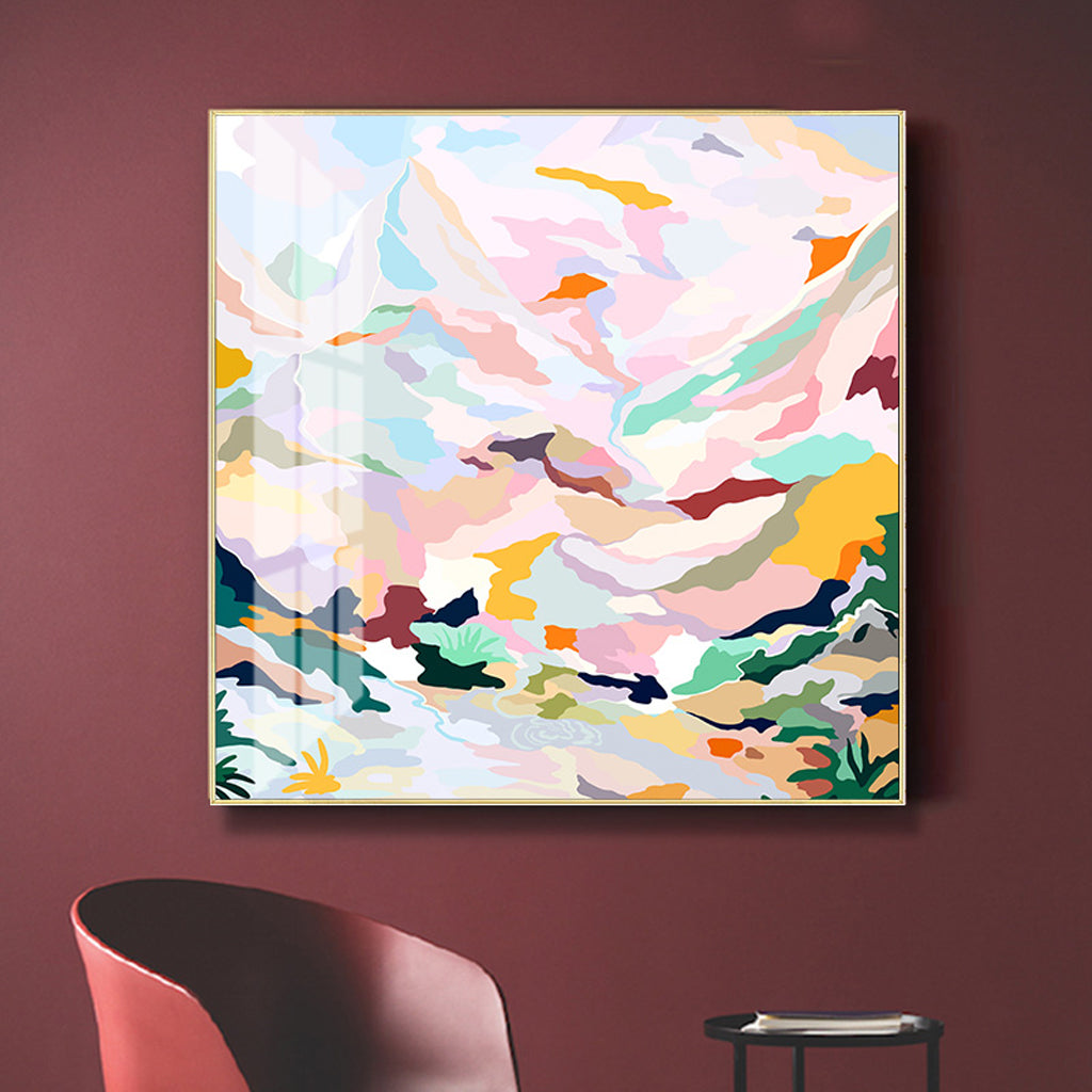 Wall Art Abstract Pink Mountain Hand Painted Style Gold Frame Canvas