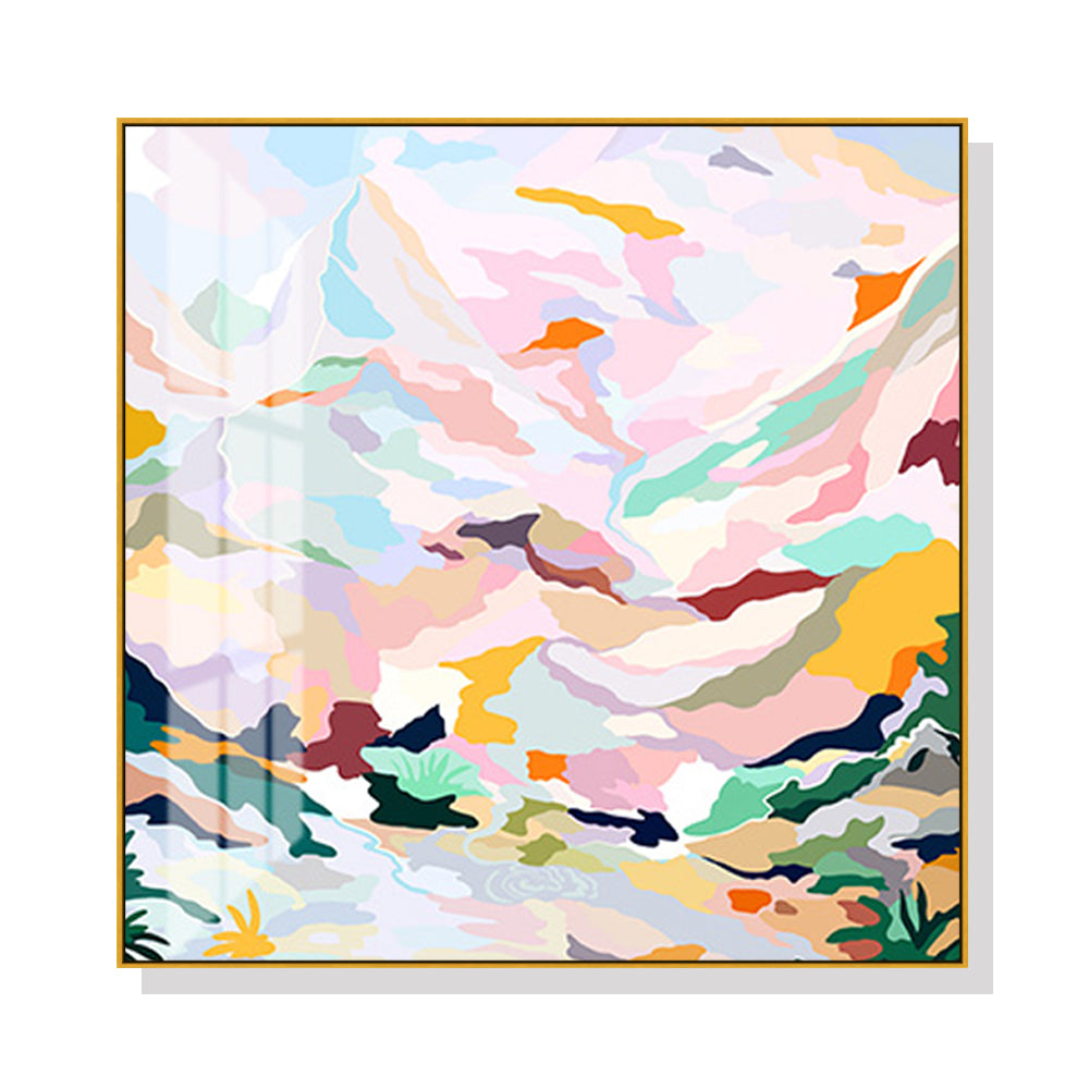 Wall Art Abstract Pink Mountain Hand Painted Style Gold Frame Canvas
