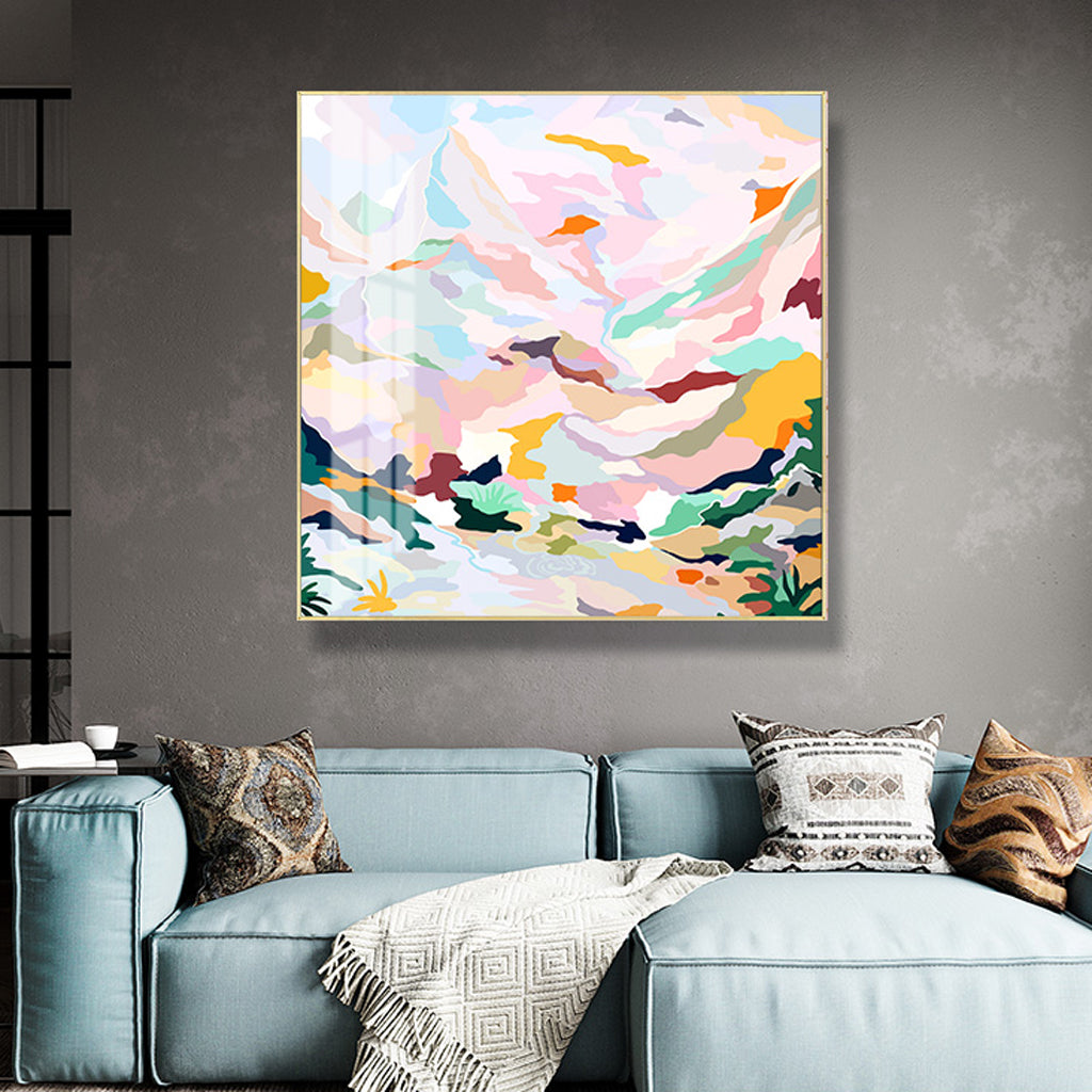 Wall Art Abstract Pink Mountain Hand Painted Style Gold Frame Canvas
