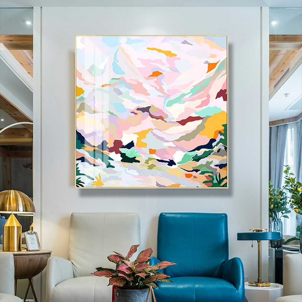 Wall Art Abstract Pink Mountain Hand Painted Style Gold Frame Canvas