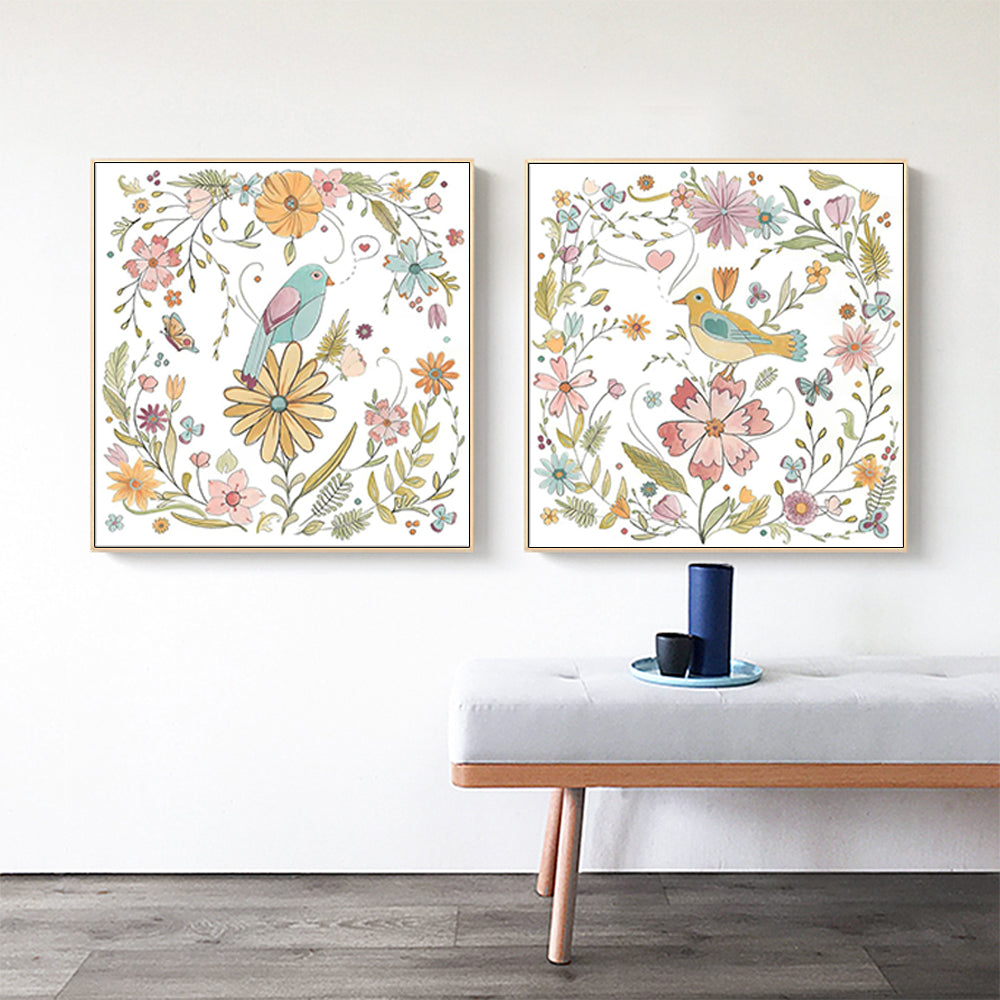 Wall Art Floral Birds 2 Sets Gold Frame Canvas