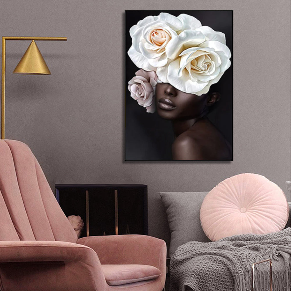 Wall Art Flower African Woman Black Frame Canvas