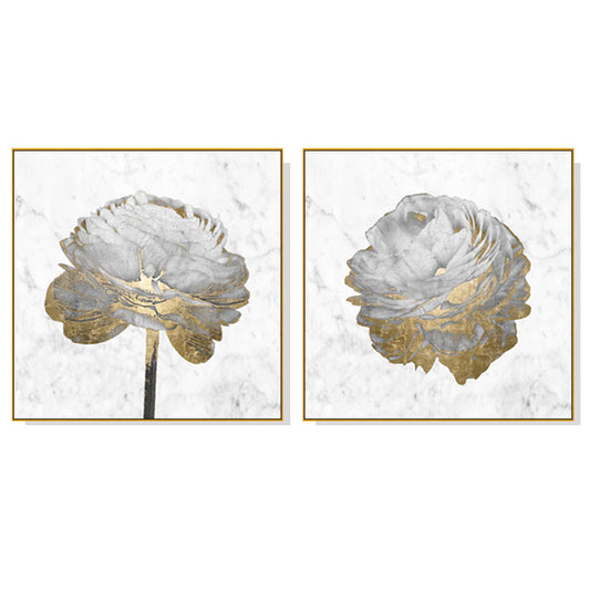 Wall Art Gold And White Blossom On White 2 Sets Gold Frame Canvas