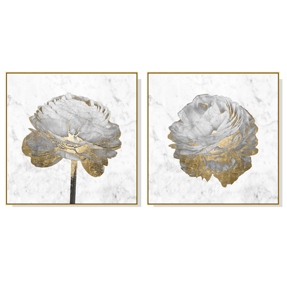 Wall Art Gold And White Blossom On White 2 Sets Gold Frame Canvas