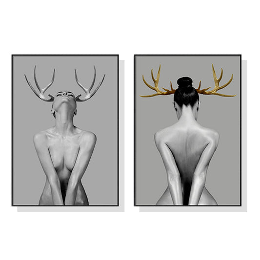 Wall Art Girl With Gold Horn 2 Sets Black Frame Canvas