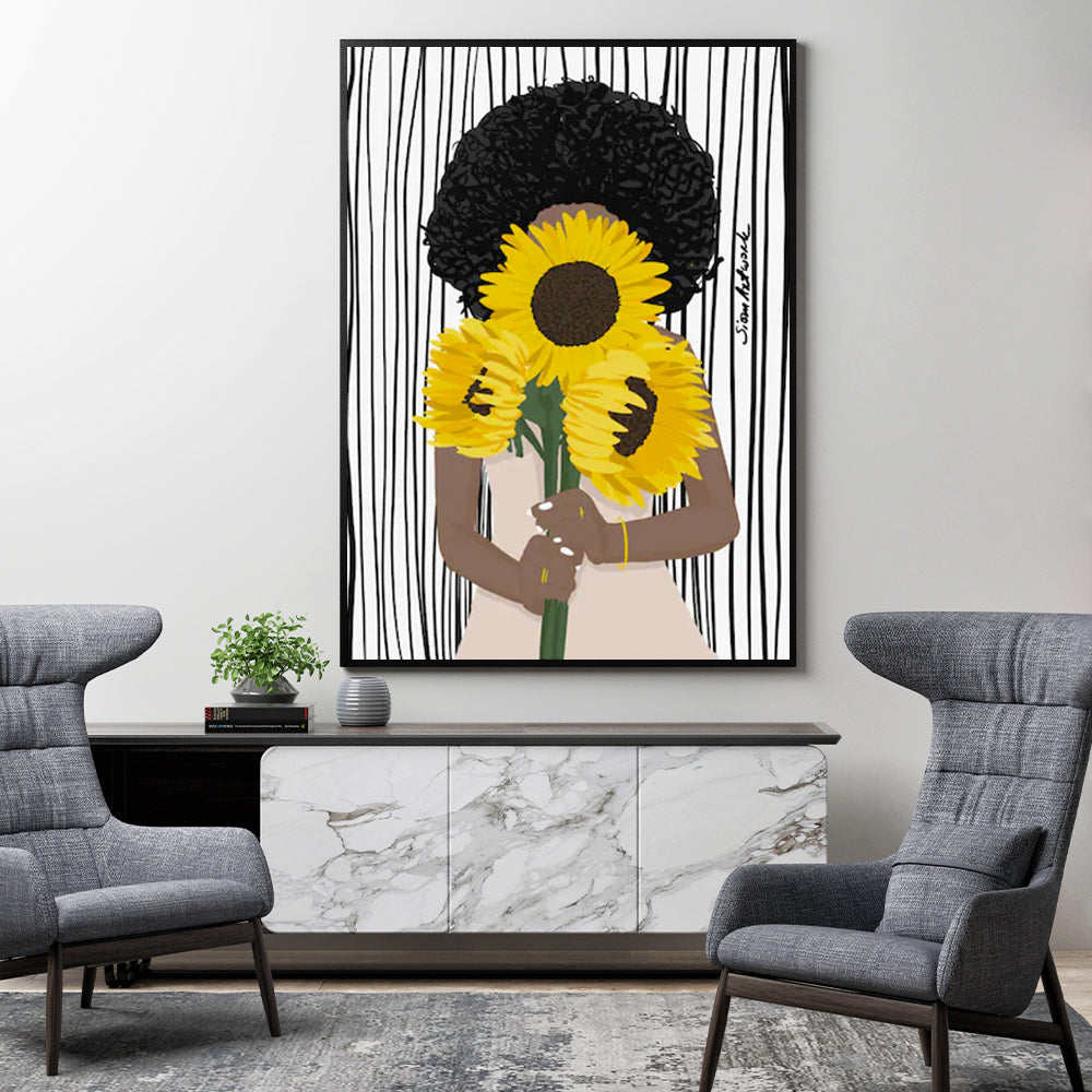 Wall Art African Woman Sunflower Black Frame Canvas