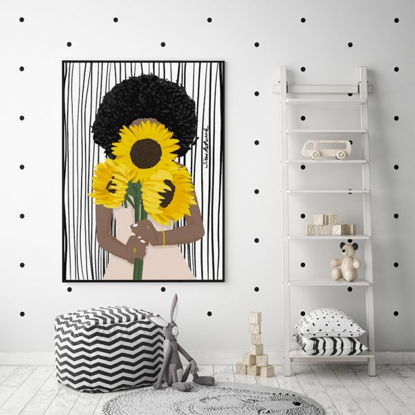 Wall Art African Woman Sunflower Black Frame Canvas