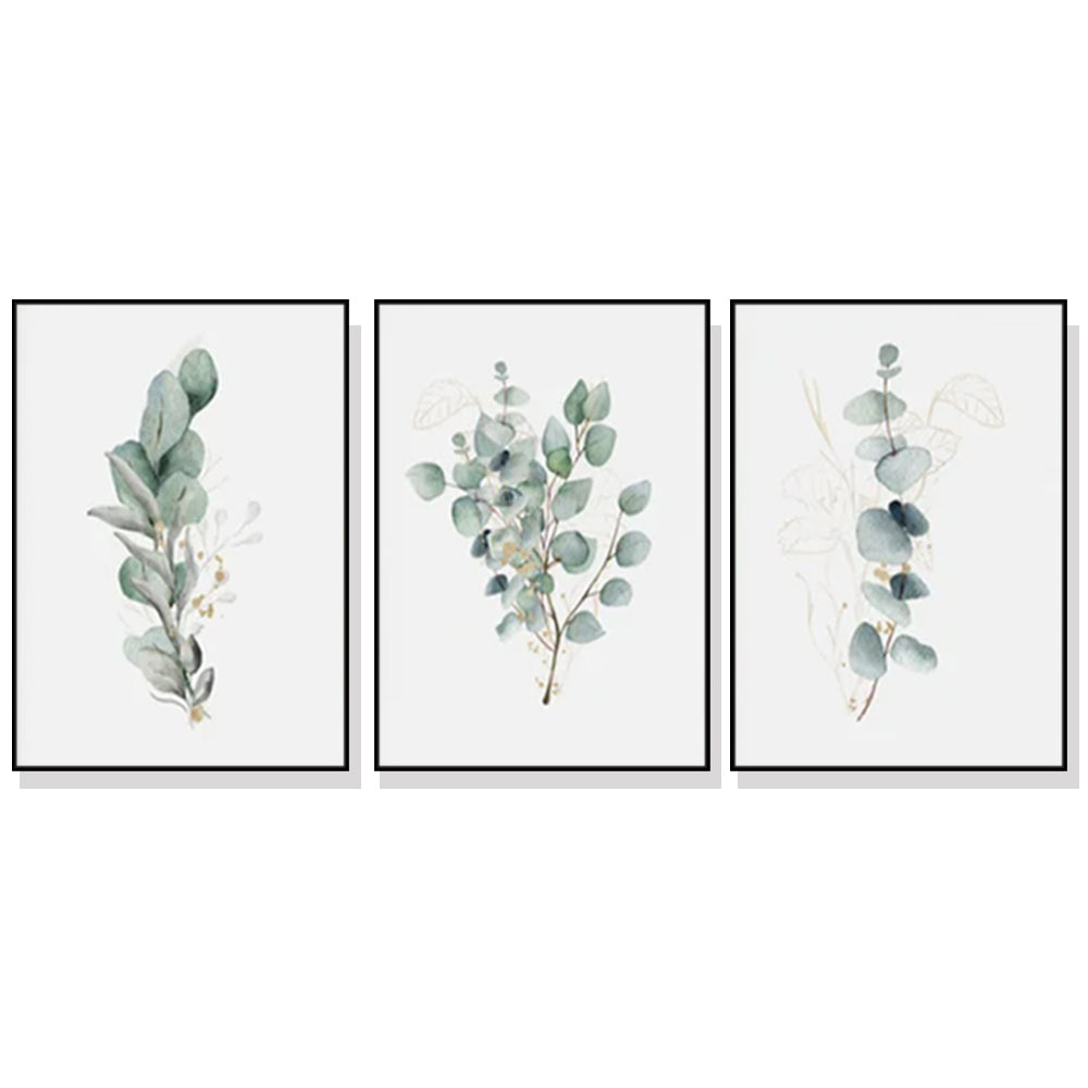 Wall Art Eucalyptus Plant 3 Sets Black and Gold Frame Canvas