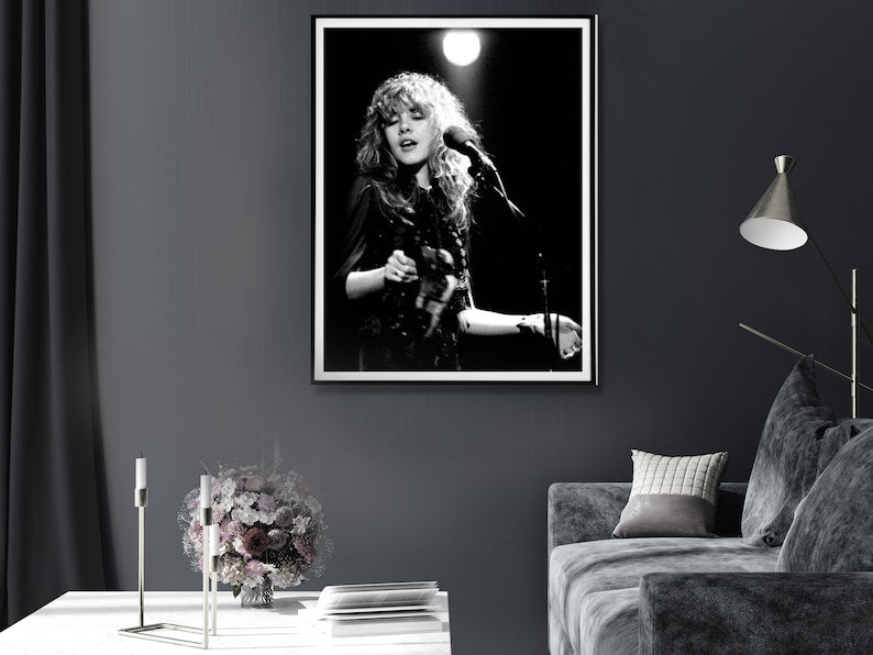 Young Stevie Nicks in Concert Poster, Black Frame Canvas Wall Art