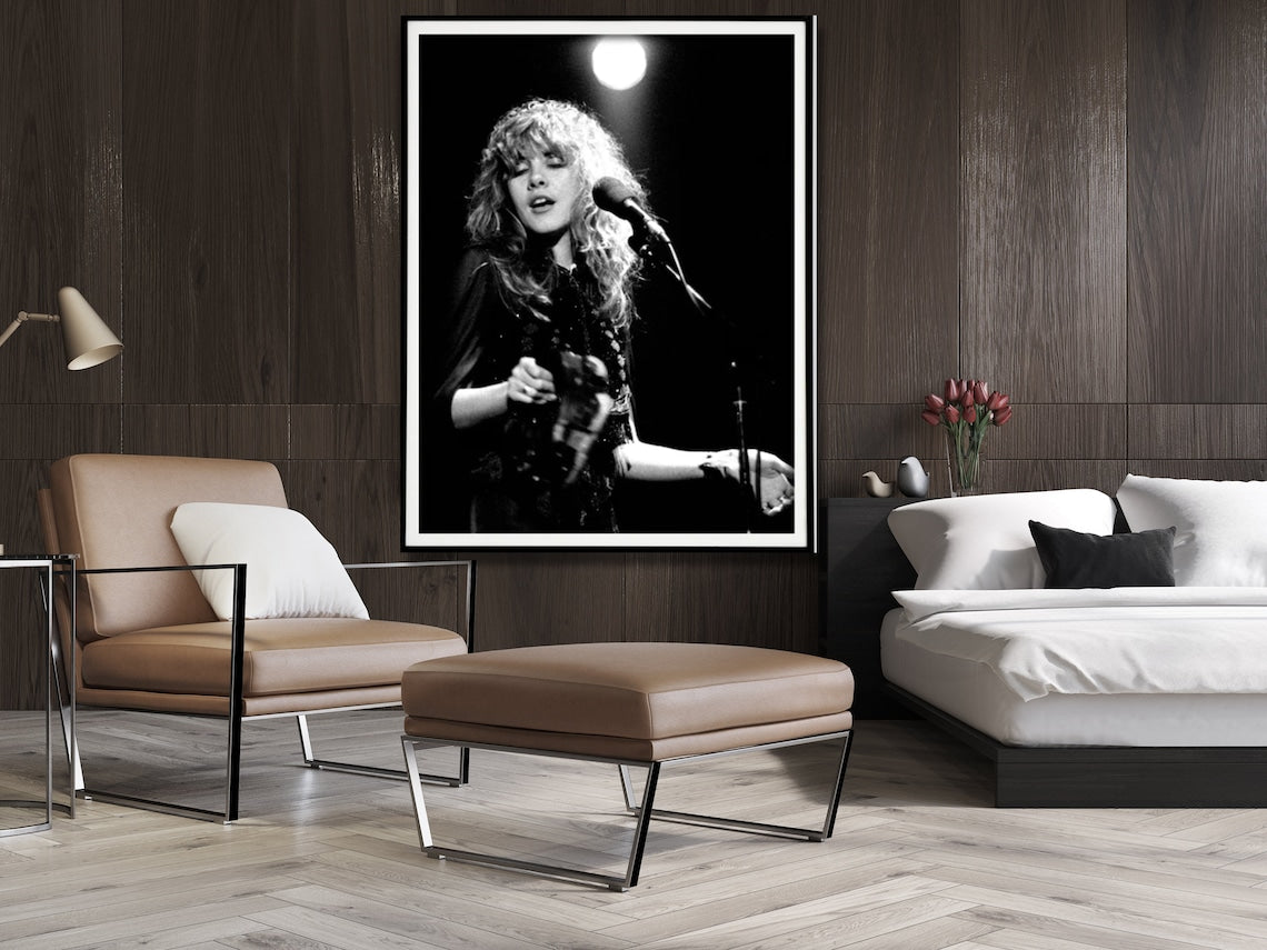 Young Stevie Nicks in Concert Poster, Black Frame Canvas Wall Art
