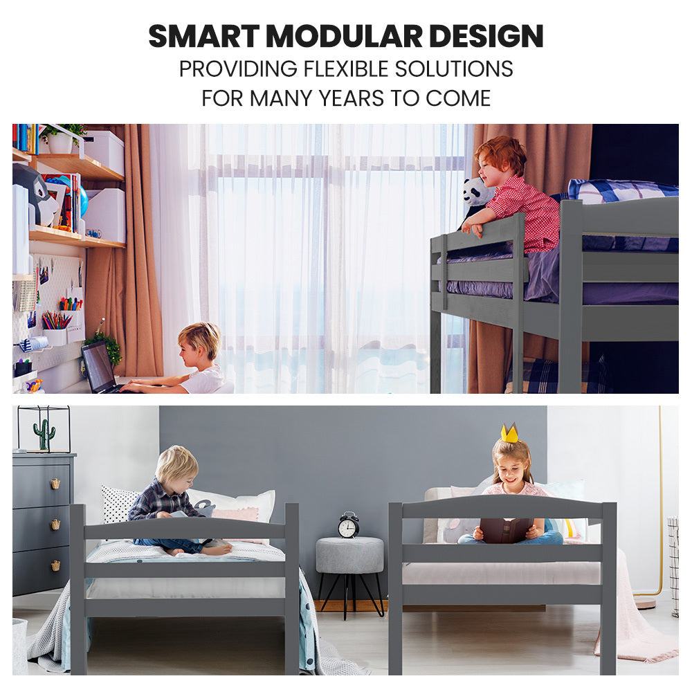 KINGSTON SLUMBER Single Bunk Bed Frame, Solid Pine 2-in-1 Modular Design, Converts to 2 Single Beds, For Kids, Grey