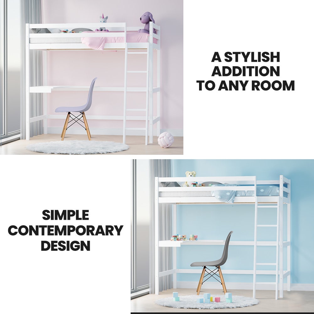 Slumber Single Loft Bed with Desk - Solid Pine, White