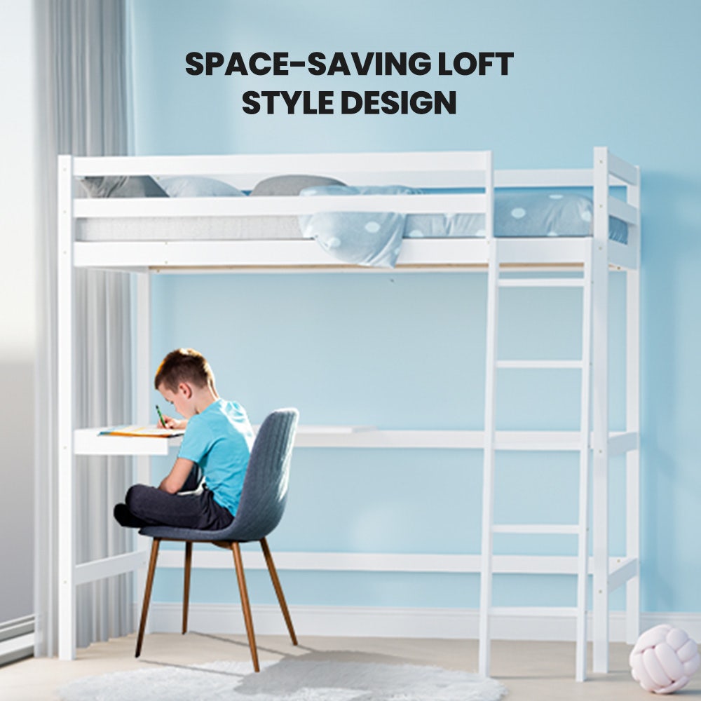 Slumber Single Loft Bed with Desk - Solid Pine, White