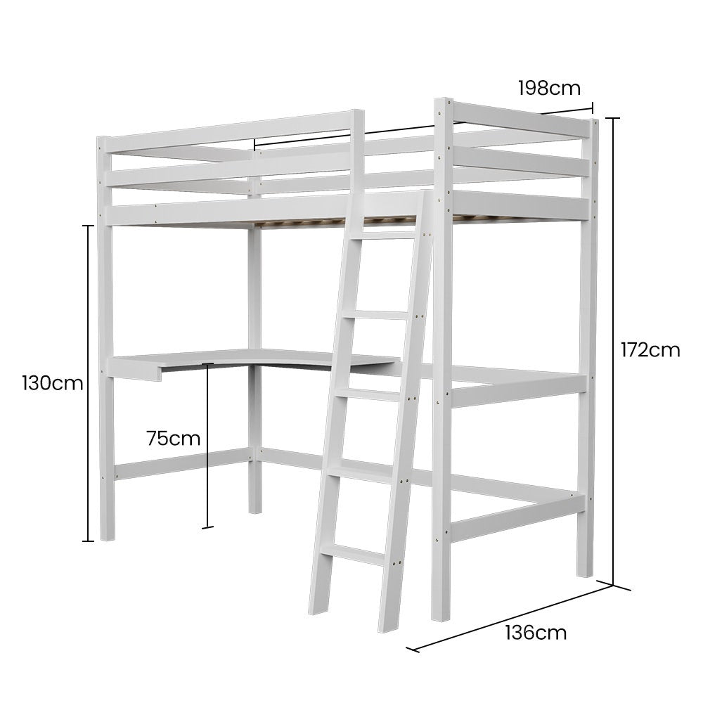 Slumber Single Loft Bed with Desk - Solid Pine, White