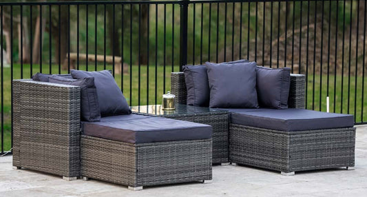 LONDON RATTAN 4 Seater Modular Outdoor Lounge Setting with Coffee Table, Ottomans, Grey