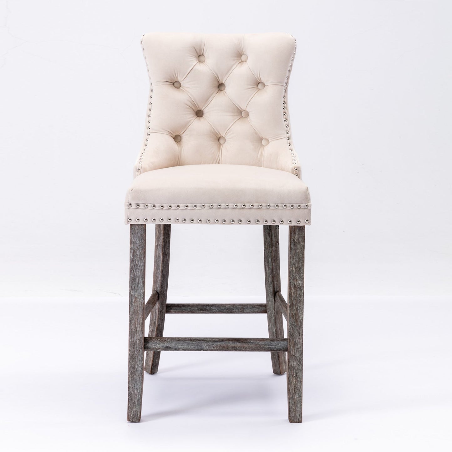 Velvet Bar Stools with Studs Trim Wooden Legs Tufted Dining Chairs Kitchen
