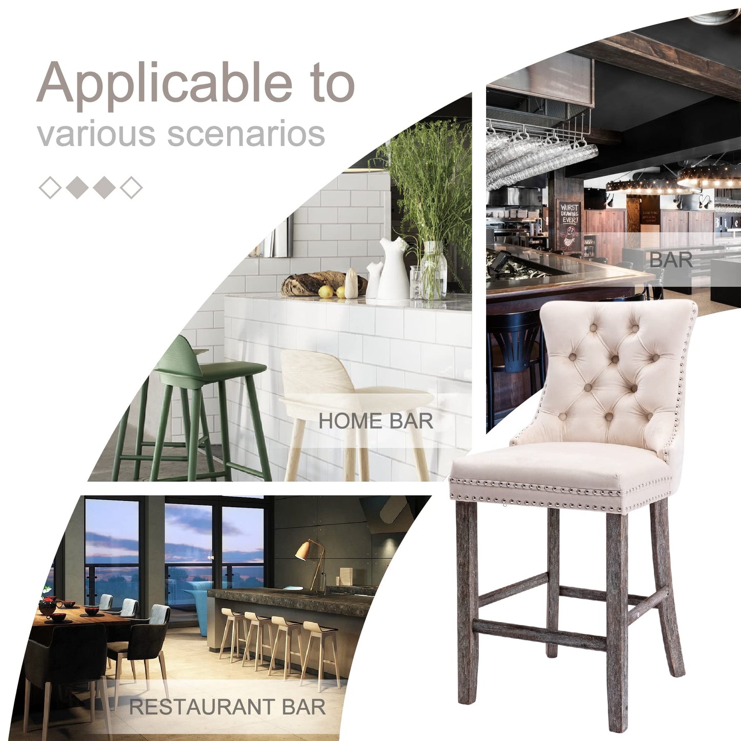 Velvet Bar Stools with Studs Trim Wooden Legs Tufted Dining Chairs Kitchen