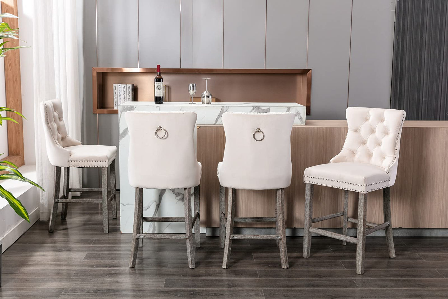 Velvet Bar Stools with Studs Trim Wooden Legs Tufted Dining Chairs Kitchen
